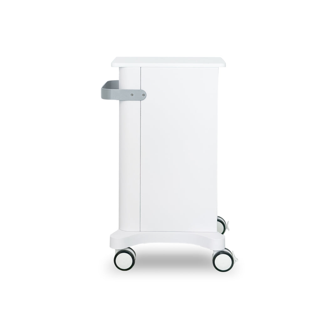 Side view of Zemits Premium Trolley S professional aesthetic device stand with storage shelves