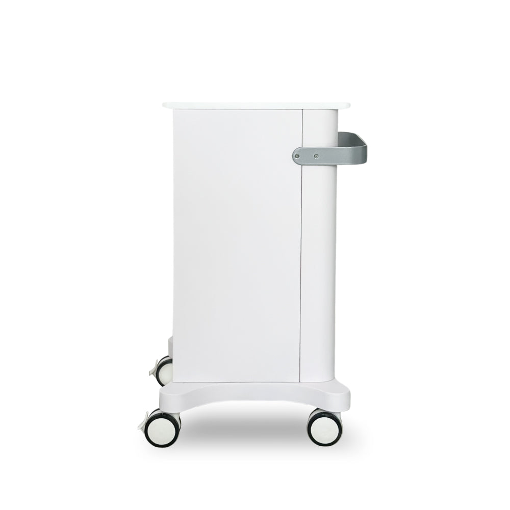 Side view of Zemits Premium Trolley S professional aesthetic device stand with storage shelves